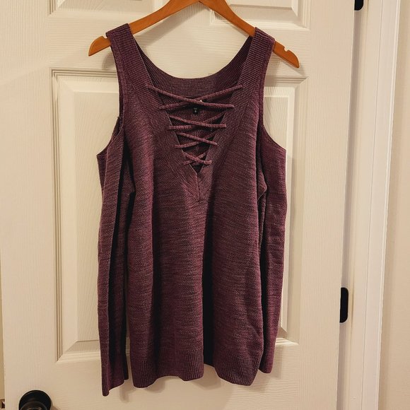 Express Cold Shoulder Lace Up Purple Reversible Sweater Size S - Picture 2 of 11